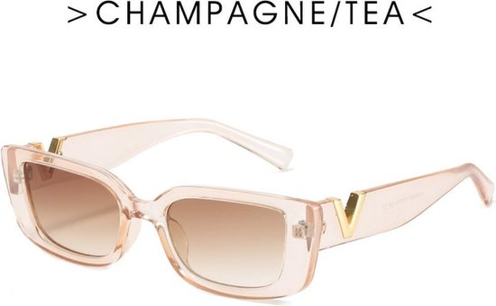 Dames Zonnebril | Trendy Dames Eyewear |Dames bril | bril | brillen | zonnebril | zomer bril |Zonnebril - Rechthoekig Model - Roze Montuur - Lichte Glazen - Bril - Met V - Goud | Sunglasses | Festival Bril | Rave Bril | Champagne Roze Zonnebril — afbeelding 5