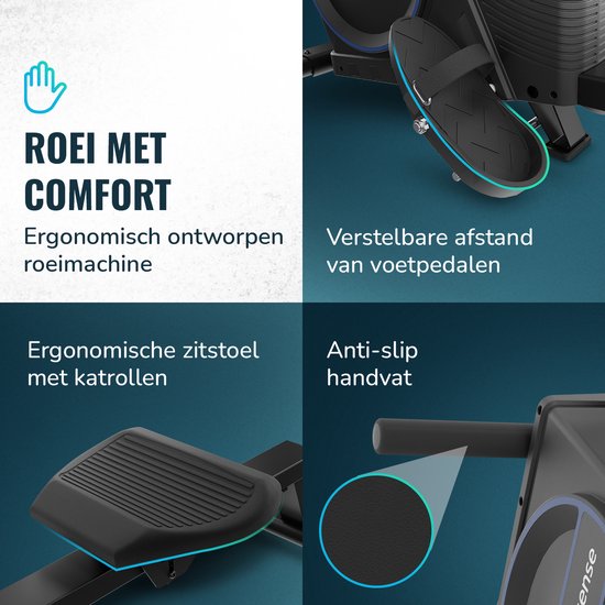 Roeien met comfort: ergonomische stoel, verstelbare voetpedalen, anti-slip handvat.