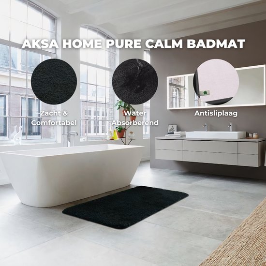 Tapis de bain AKSA HOME PURE CALM : doux, confortable, absorbant l'eau, antidérapant. Dans une salle de bain élégante.