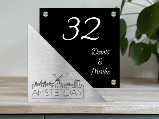 Plaque signalétique porte d'entrée skyline amsterdam avec numéro de maison 23x23cm aspect noir et inox