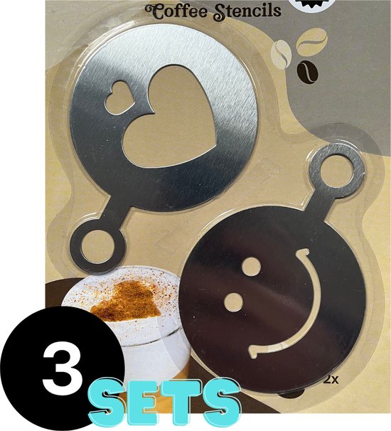 Pochoir à Café - Acier inoxydable - Coeur et Smiley - Ensemble de 6 pièces - Pochoir à cacao - Pochoir à Cappuccino - Shaker à cacao - Outils de Barista - Accessoires à Café - Accessoires de Barista - Essentiels Barista