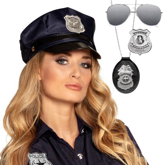 Politie agent verkleed accessoires set - 4 delig - dames/heren - politiepet - badges - zonnebril