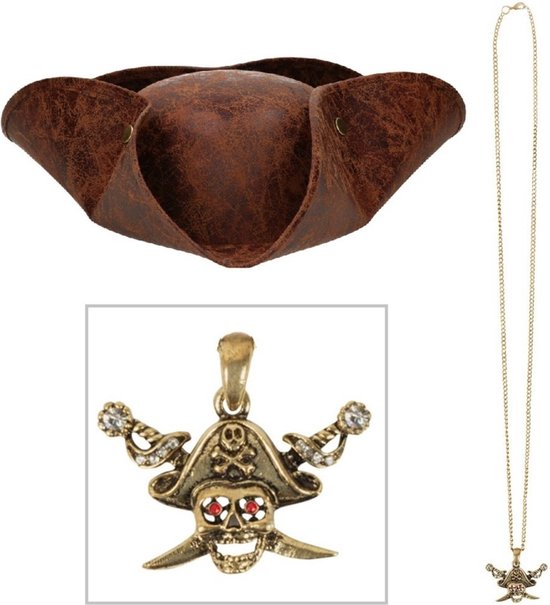 Boland Verkleedkleding set piratenhoed - bruin - met gouden piraten thema ketting - Piraten feest accessiores - dames/heren