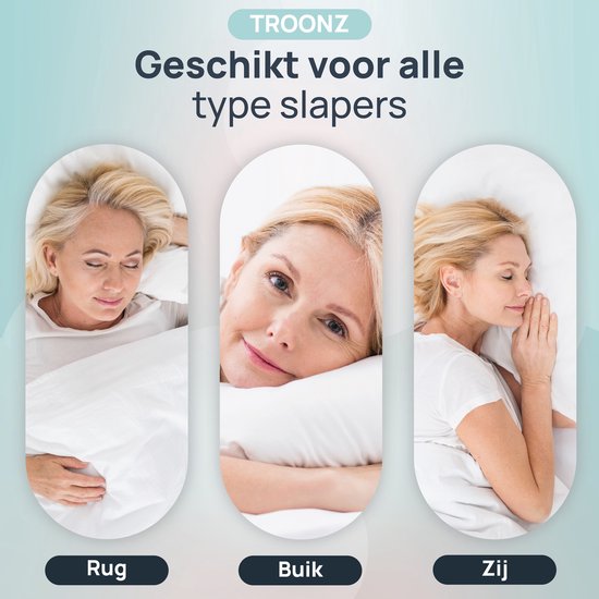 Drie vrouwen slapen op een Troonz kussen: rug, buik en zijslaper. Geschikt voor alle type slapers.