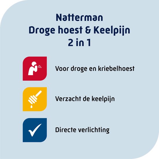 Natterman Droge Hoest & Keelpijn 2-in-1 Siroop - Verlicht droge en kriebelhoest - Verzacht de keelpijn - Hoestdrank - Medisch hulpmiddel - 150 ml