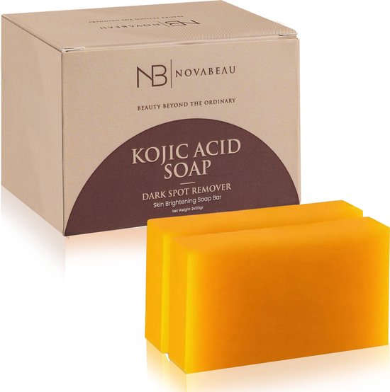 Twee oranje Novabeau Kojic Acid zeeprepen in een doos, met witte achtergrond.