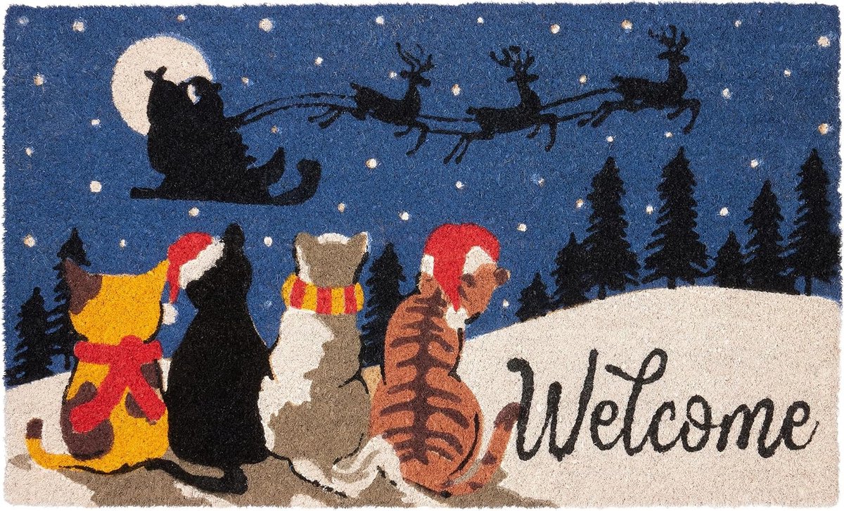 BRUBAKER Kerstdeurmat met katten - Welcome deurmat voor buiten en binnen - 45 x 75 cm vuilvangmat van kokos - antislip deurmat weerbestendig en antislip - deurmat voor huisdeur