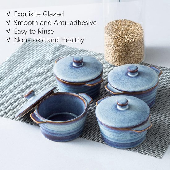 Foto: Mini cocotte ovenschotelvormen van aardewerk 4 delige souffle vormpjes met deksel kleine ovenschaal diameter 10 cm 250 ml oven vaatwasser beschikbaar