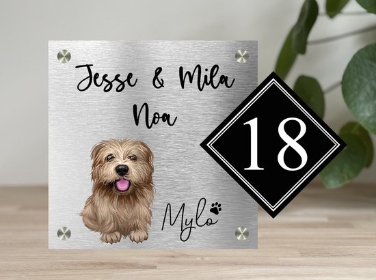 Plaque de porte d'entrée pour chien Norfolk Terrier 20x28 cm avec numéro de maison aspect inox et noir