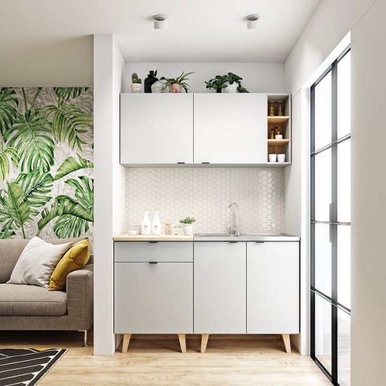 Petite Cuisine 140 cm - Scandinave - Elément de cuisine avec évier et siphon
