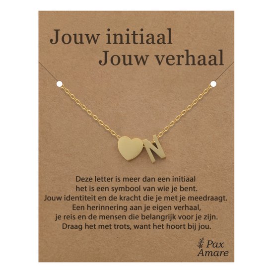 Collier Lettre N sur carte cadeau - Votre initiale, votre histoire - Acier inoxydable doré 45 cm - Pendentif initiale et cœur - Pax Amare