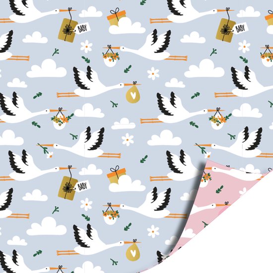 Foto: 2 kleine rolletjes dubbelzijdig inpakpapier 30 cm breed ooievaar geboorte kraammand baby snq cadeau verpakkingen