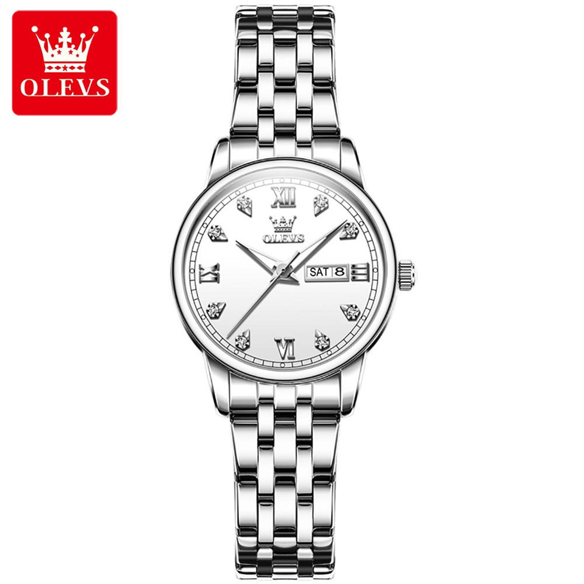 HO-5525L.z : Olevs stijlvol zilverkleurig edelstaal quartz dameshorloge, witte wijzerplaat, weekdag datum