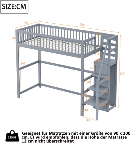 Hoogslaper 140x200cm, kinderbed met opbergkast trap, anti-val, ijzeren