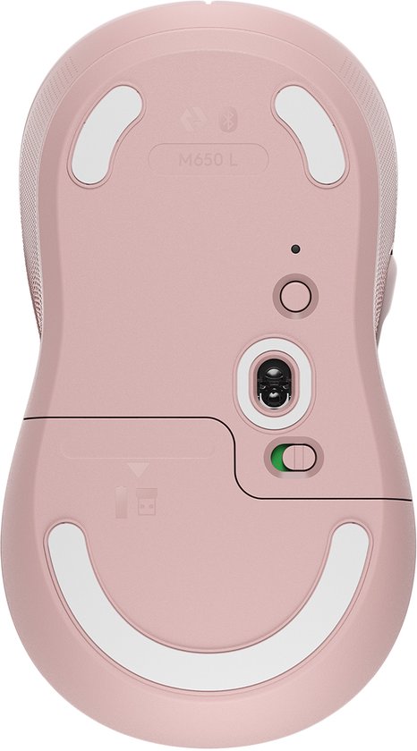 Roze Logitech M650 L muis, onderkant met witte glijders en sensor.