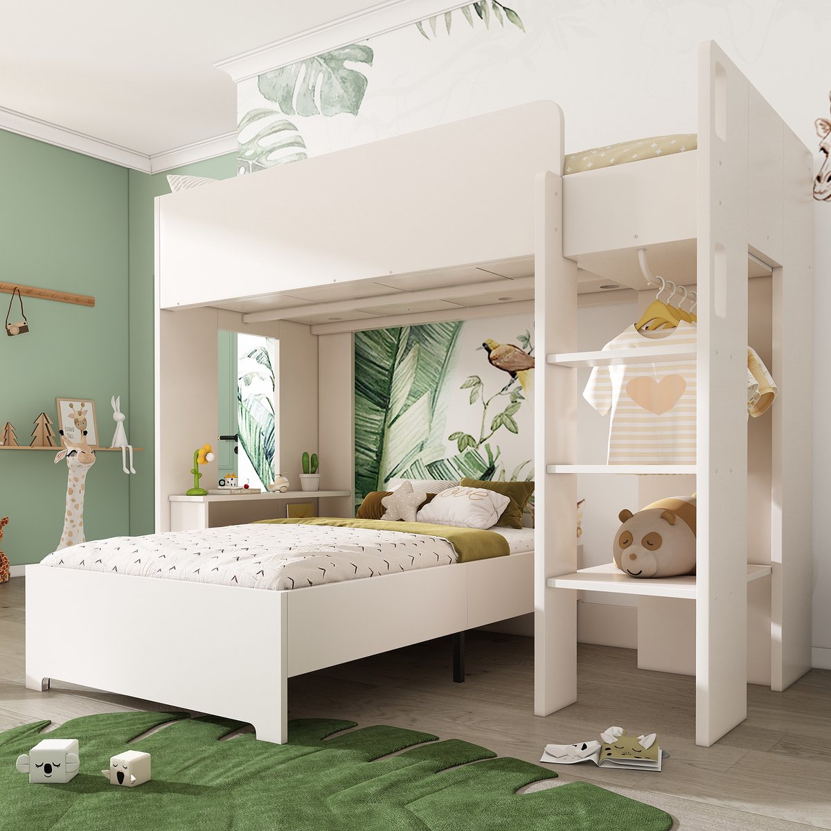 Etagebed 90x200 cm, Kinderbed met Bedframe, Kledingkast, Bureau, Open Planken en Trap, Wit