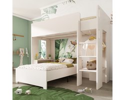Etagebed 90x200 cm, Kinderbed met Bedframe, Kledingkast, Bureau, Open Planken en Trap, Wit
