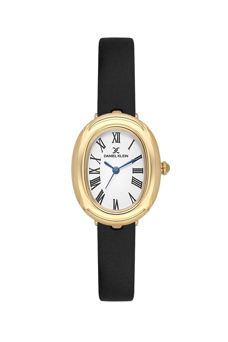 Daniel Klein DK.1.13872-2 - Horloge - Polshorloge - Analoog - Dames - Vrouwen - Leren band - Ovaal - Metaal - Romeinse Cijfers - Zwart - Goudkleurig