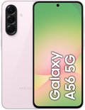 Lichtroze Samsung Galaxy A56 5G, achterkant met drievoudige camera, voorkant toont "Galaxy A56 5G".