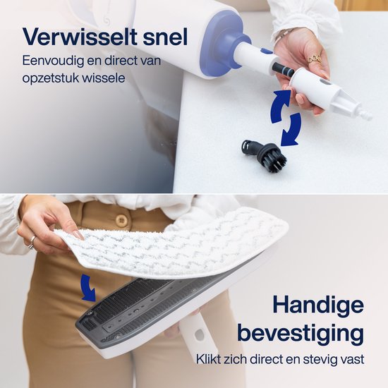 Stoomreiniger met verwisselbare opzetstukken, met cirkels die de montage aangeven.