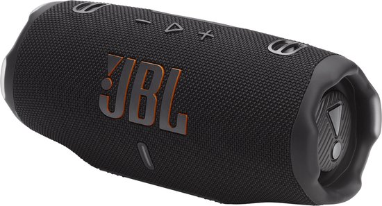 Enceinte sans fil JBL Charge 6 noire avec logo JBL orange et boutons.