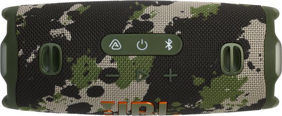 JBL Charge 6 camouflage speaker, gezien vanaf de bovenkant met bedieningsknoppen.