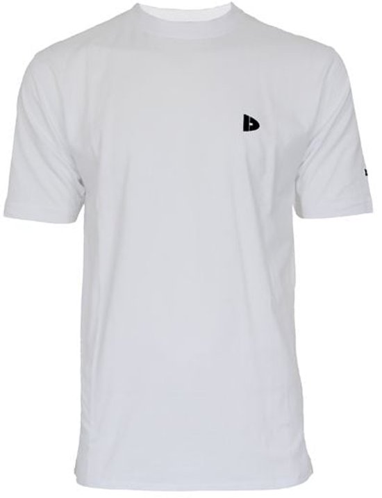 Witte T-shirt met korte mouwen en een zwart logo op de linkerborst.