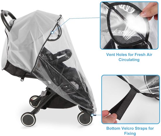 Housse de pluie transparente avec détails sur les aérations et les bandes velcro inférieures.