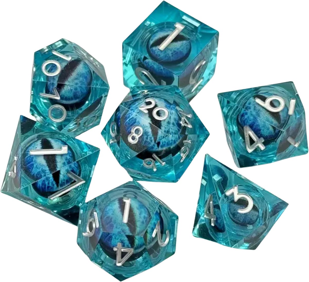 Joya Dice® Polydice Dobbelsteen set geschikt voor rollenspellen zoals Dungeons and Dragons D&D DnD | Dobbelstenen Set | Dice set | Resin 7 stuks set | Incl Luxe Opbergdoos | Blauw met Oog in de Stenen