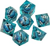 Ensemble de dés Joya Kids® Dungeons and Dragons | Set de Dés DnD Polydice | Ensemble de dés D&D | Ensemble de 7 pièces en résine | Coffre de rangement de Luxe inclus | Blauw avec un œil dans les pierres