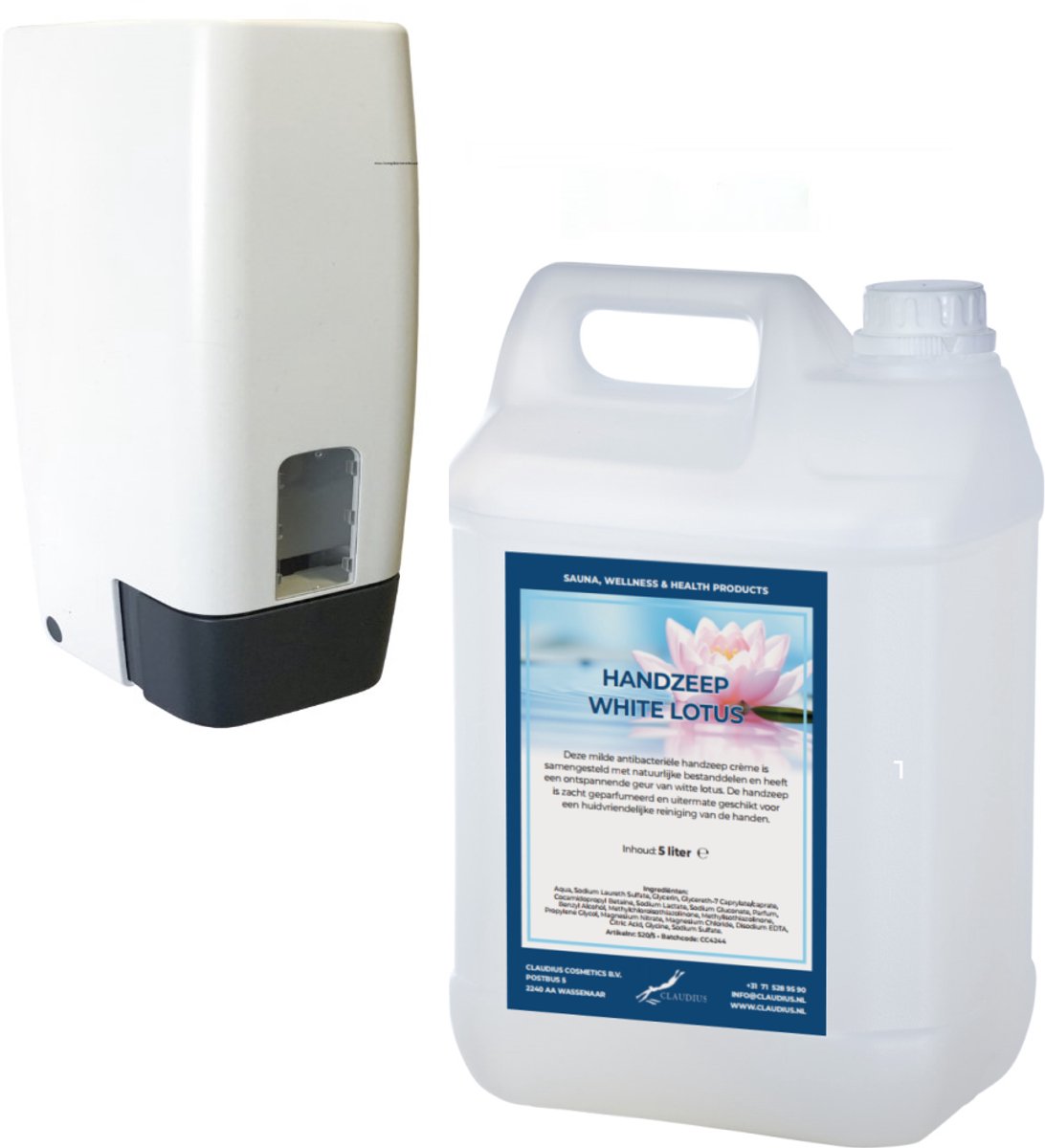 Zeepdispenser 1 liter kunststof hervulbaar + 5 liter handzeep White Lotus