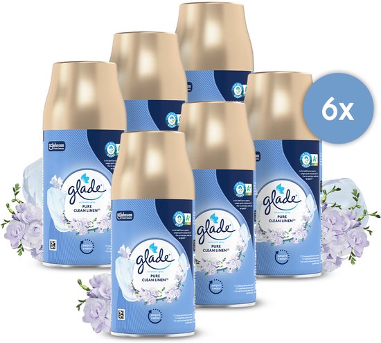 Glade Pure Clean Linen navulling, set van 6, met gouden doppen, blauwe etiketten en paarse bloemen.
