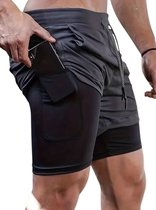 Relentless® Sportbroek Heren - Sportkleding - Fitnesskleding - Hardloopbroek Heren - 2 in 1 Sportshorts - Telefoonzak (Grijs L)