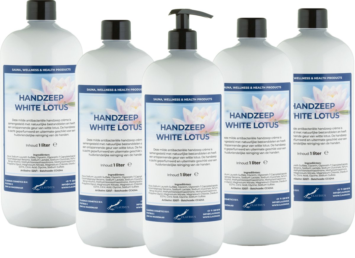Handzeep White Lotus 1 liter - met gratis pomp - set van 5 stuks - Voordeelverpakking