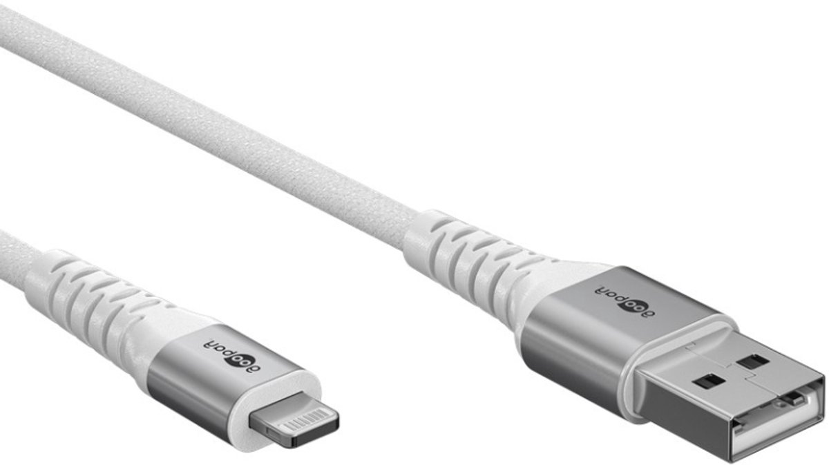 Image of Goobay Lightning USB-A superzachte textiel kabel met metalen connectoren, 3 m, wit