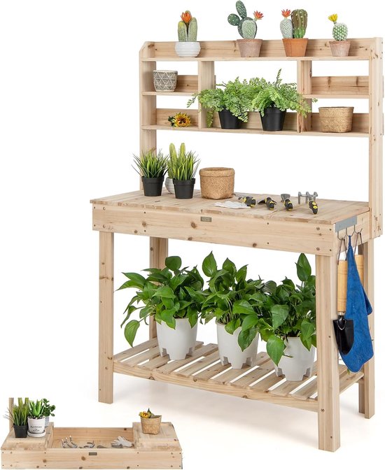 COSTWAY Oppottafel van dennenhout met planken, tuintafel met 3 haken en opentafel, 108 x 50 cm, belasting 150 kg, voor broeikas in de tuin