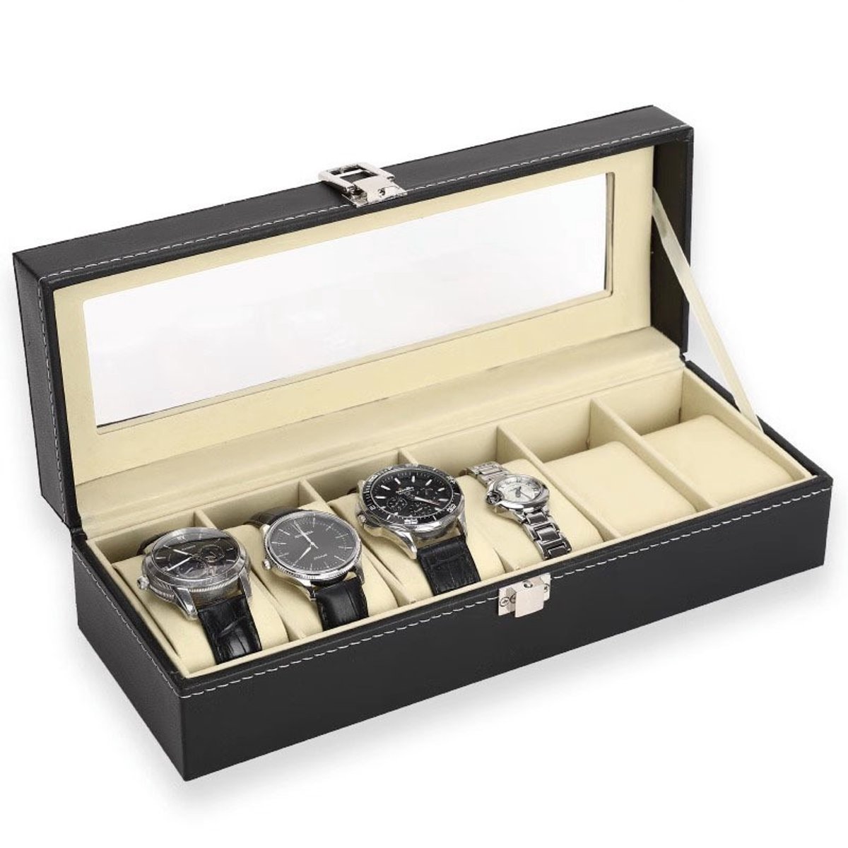 Ceruzo Horlogebox - 6 Horlogekussentjes - Zwart - Unisex- Luxe Opbergdoos - 30 x11x 8 cm