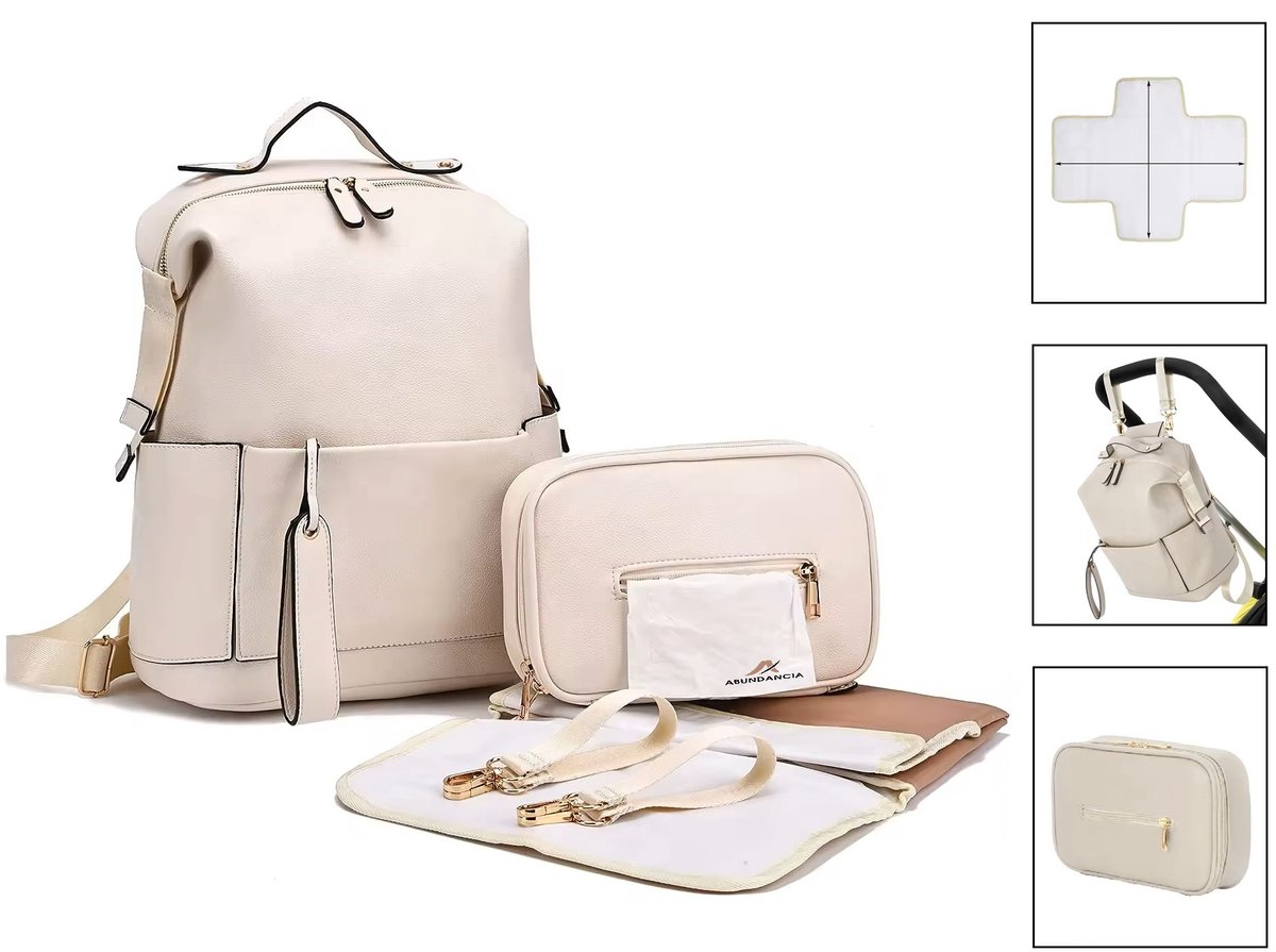 Image of Abundancia® - Luxe PU Luiertas - incl. Billendoekjes Houder - incl. Verschoonmat - Verzorgingstas - Diaperbag- Kraam Cadeau - Babyshower Cadeau - Waterdicht - Unisex - Creme