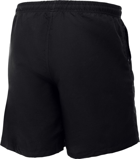 Vue arrière d'un short de bain noir uni.