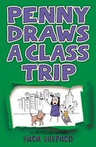 Boekomslag met de titel "Penny Draws A Class Trip" in paarse letters op een groene achtergrond. Een getekend tafereel van een meisje met een hond in New York.