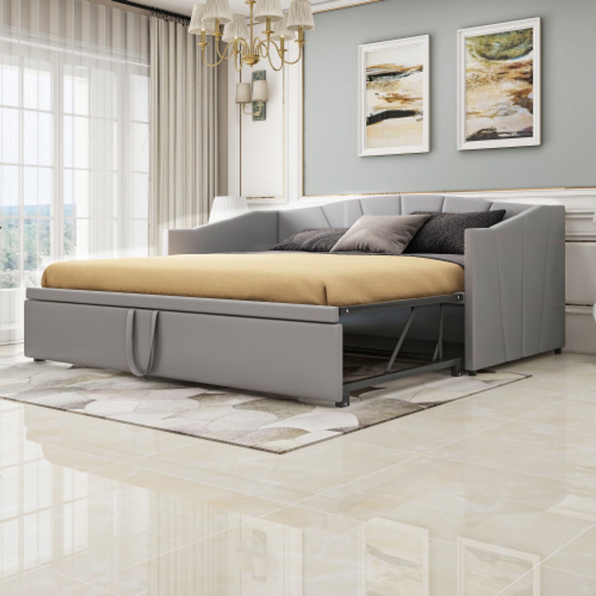 Gestoffeerd bed, uitschuifbare slaapbank 90/180*200 cm met lattenbodem, multifunctioneel bed van huidvriendelijke fluwelen stof, grijs