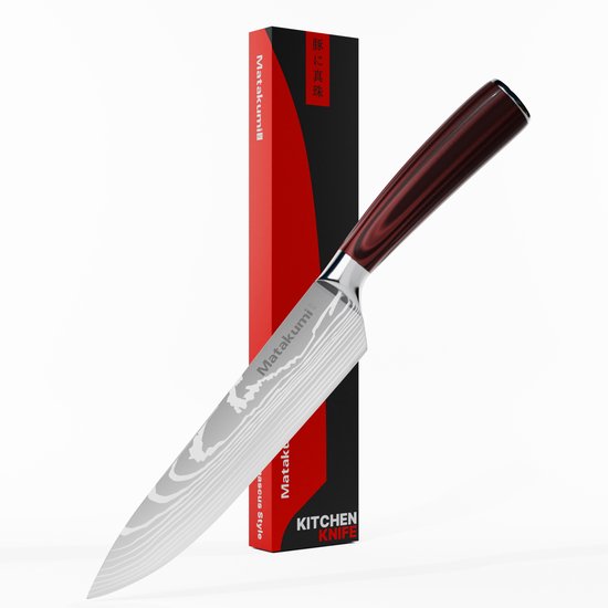 Couteau de chef japonais Matakumi 8'' - Couteau de chef avec imprimé Damas - Couteau de cuisine de style japonais - Couteaux japonais - Ensemble de Couteaux de chef