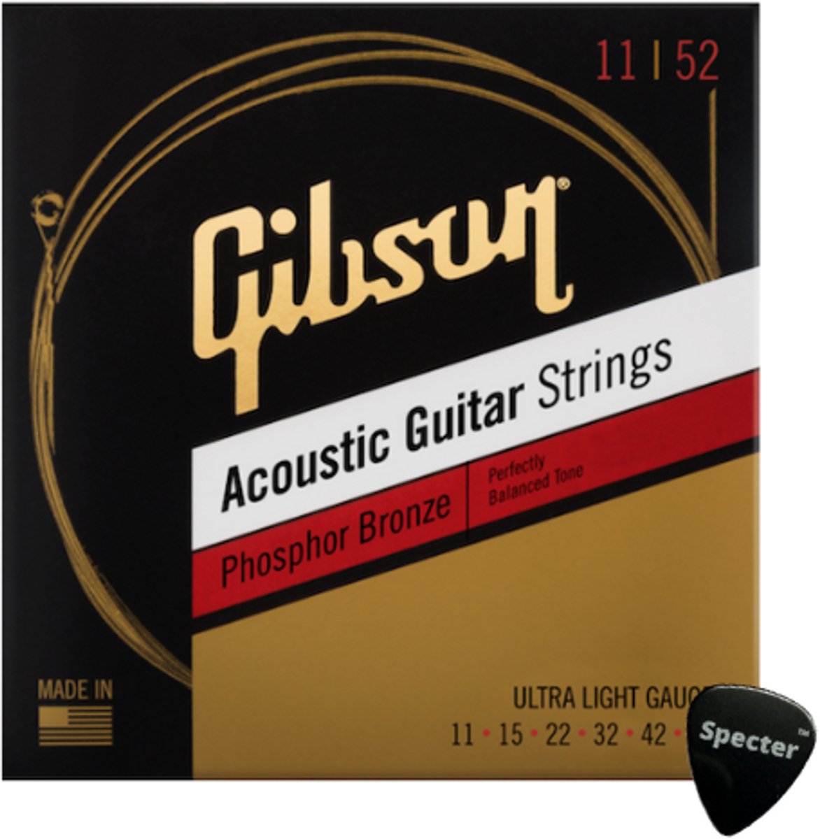 Gibson Phosphor Bronze Gitaarsnaren voor Akoestische Gitaar Ultra Light 11-52 + Specter Plectrum – Topkwaliteit!