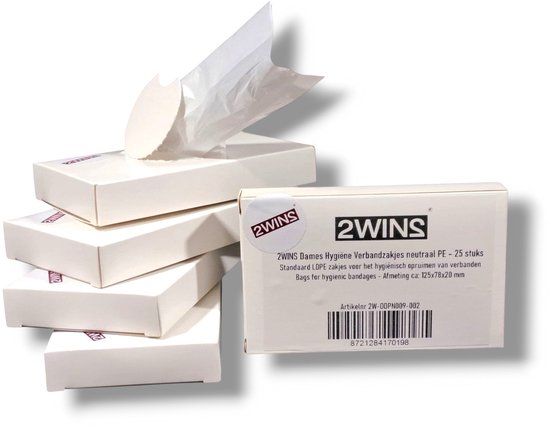 Vier witte kartonnen doosjes met 2WINS hygiënezakjes, één doosje opengewerkt met zakjes zichtbaar.