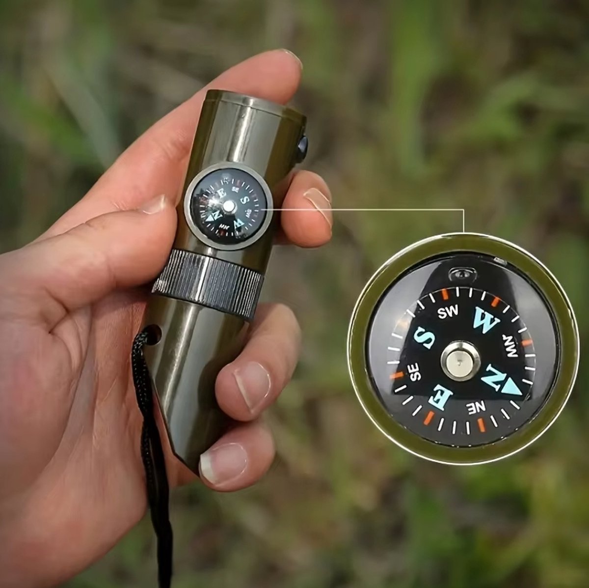 7-in-1 Noodfluitje Camping – Veiligheidsfluit Met Kompas, Thermometer, LED Licht, Vergrootglas En Spiegel