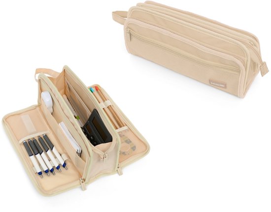 BASISSOIRES Etui High - Schooletui voor Jongens en Meisjes - Pennenetui voor Volwassenen - Make up tasje - Beige - 31x14x10CM
