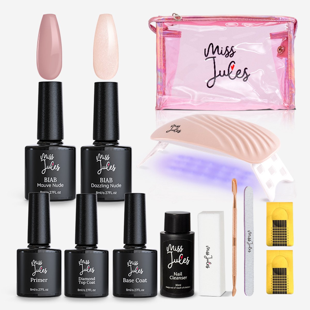Goedkoopste Miss Jules® BIAB Starter Pakket – Builder in a Bottle – BIAB Nagel Builder Gel – BIAB Nagellak Starterset - Creme - Nude - Glitter - HEMA & TPO Free - Inclusief 36W