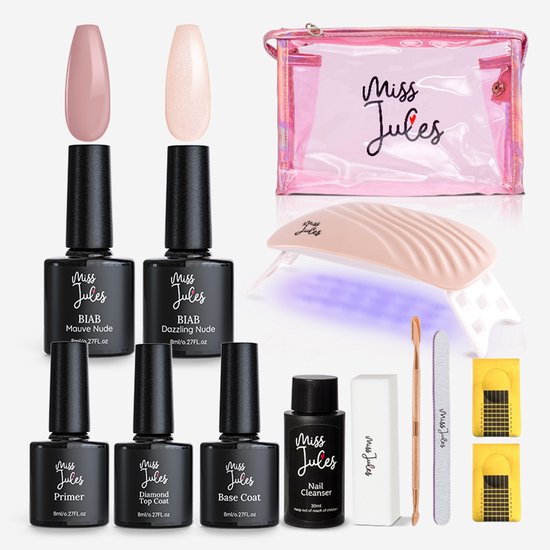 Miss Jules® BIAB Starter Pakket – Builder in a Bottle – BIAB Nagel Builder Gel – BIAB Nagellak Starterset - Creme - Nude - Glitter - HEMA & TPO Free - Inclusief 36W