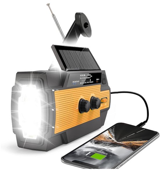 Noodradio Solar Opwindbaar en Batterij - Noodpakket - Draagbare Survival Radio - 4000 mAh - Powerbank Zonneenergie - Bouwradio - Zaklamp – Oranje