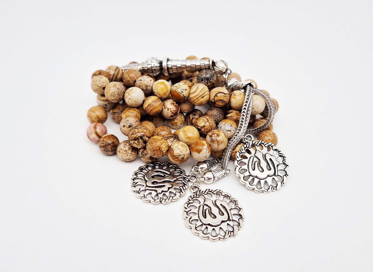 Handgemaakte tesbih "Tasbih" natuursteen "Picture Jasper" - Aantal kralen 99 - Diameter kralen 8MM - met metaal tassel "Allah Muzakhrafa" - Een mooi cadeau-idee